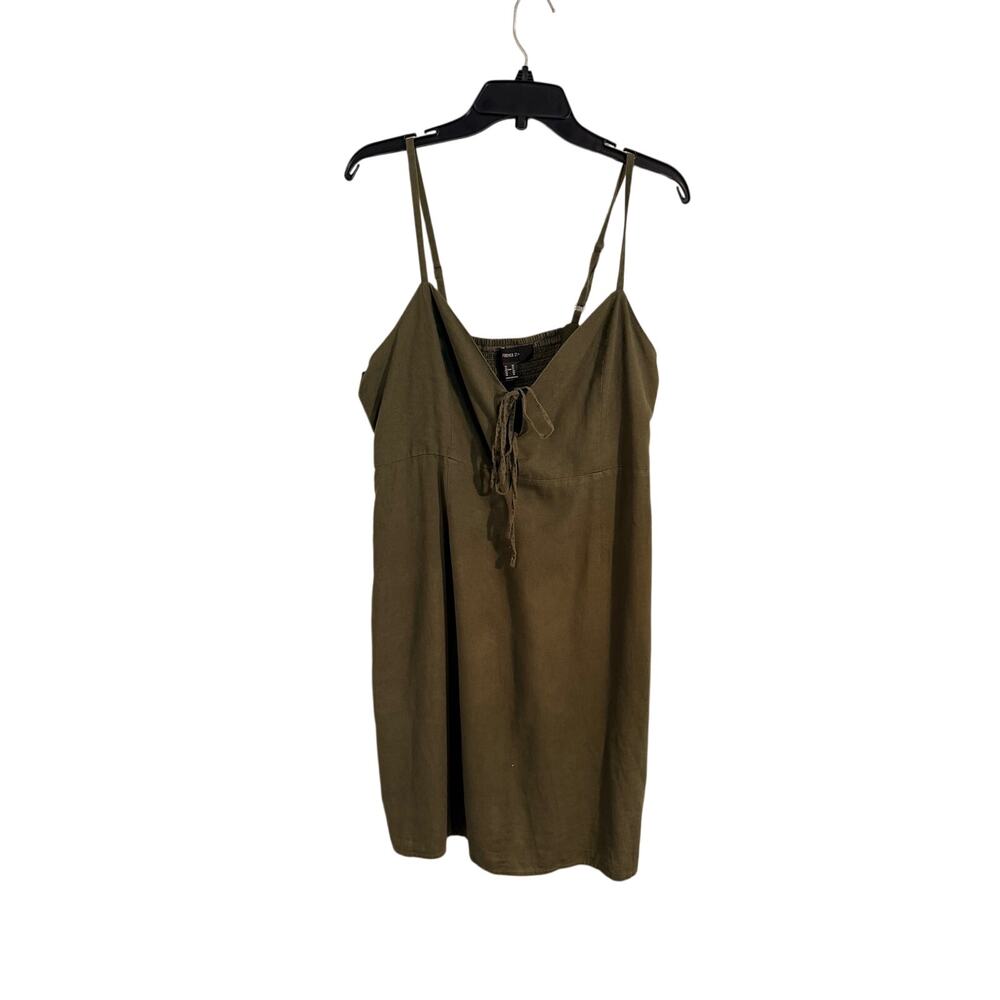 Forever 21+ Size 0X Olive Green Linen Blend Tie Front Smocked Mini Dress